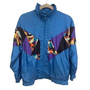 Boccoo Vintage 80s Geometric Print Windbreaker Jacket Blue Purple Size S